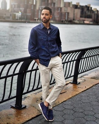 Navy Suede Oxford Shoes Outfits: Try pairing a navy long sleeve shirt with beige chinos for a straightforward look that's also put together. Feeling transgressive? Shake up this outfit by sporting navy suede oxford shoes.