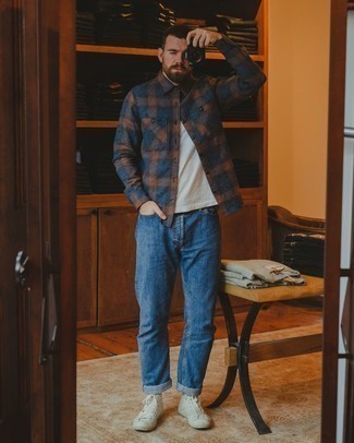Men's Navy Plaid Flannel Long Sleeve Shirt, White Crew-neck T-shirt, Blue Jeans, White Canvas High Top Sneakers