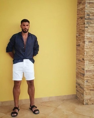 Black Canvas Sandals Outfits For Men: Showcase your prowess in men's fashion by putting together a navy long sleeve shirt and white shorts for a casual combination. Finishing off with a pair of black canvas sandals is a surefire way to add a fun vibe to this look.