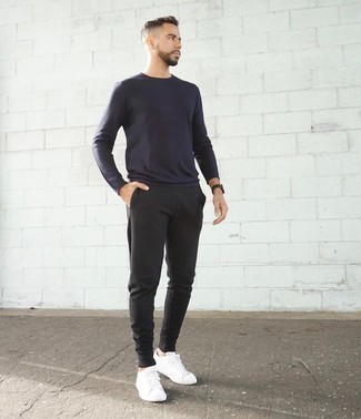 Men's Navy Long Sleeve T-Shirt, Charcoal Sweatpants, White Canvas Low Top Sneakers, Black Leather Watch