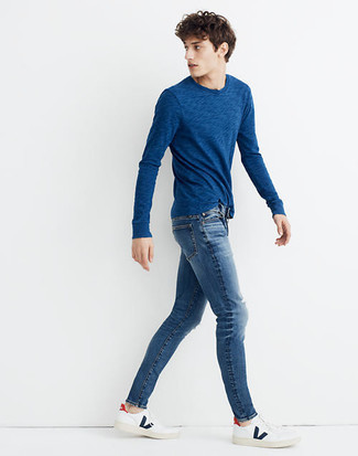 Join Life Super Skinny Jeans With Knee Rip And Abrasions In Dark Blue