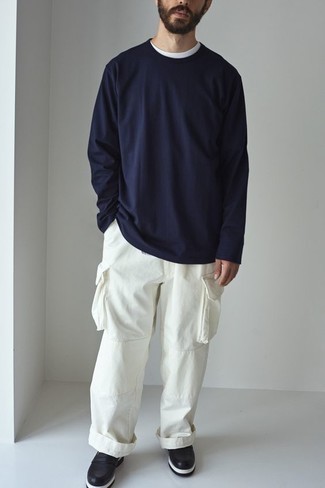 Men's Navy Long Sleeve T-Shirt, White Crew-neck T-shirt, White Cargo Pants, Black and White Leather Loafers