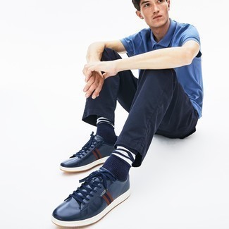 Men's Navy and White Horizontal Striped Socks, Navy Leather Low Top Sneakers, Navy Chinos, Blue Polo