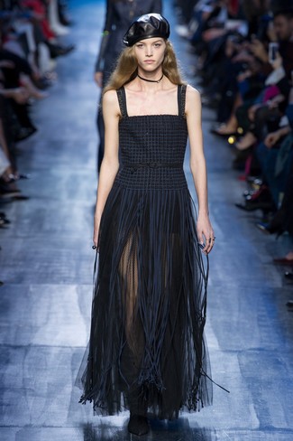 Navy Fringe Maxi Dress Outfits: Dress in a navy fringe maxi dress for a neat and stylish outfit. If you need to immediately kick up this look with one single item, introduce black suede ankle boots to this outfit.