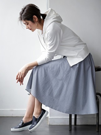 Navy Horizontal Striped Midi Skirt Outfits: 