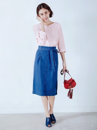Women's Red Suede Crossbody Bag, Navy Leather Mules, Blue Denim Pencil Skirt, Pink V-neck Sweater