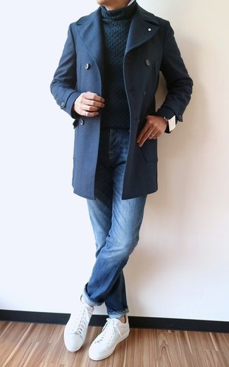 Men's Navy Overcoat, Black Knit Turtleneck, Blue Jeans, White Leather Low Top Sneakers