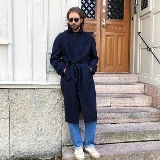 Blue Overcoat Outfits: This combination of a blue overcoat and blue jeans looks considered and instantly makes you look sharp. Want to break out of the mold? Then why not introduce white canvas low top sneakers to the mix?