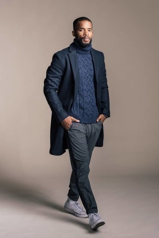 Men's Navy Overcoat, Blue Knit Wool Turtleneck, Grey Chinos, White Canvas High Top Sneakers