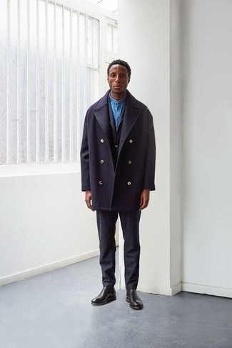 Charcoal Suit with Black Leather Chelsea Boots Outfits: Pairing a charcoal suit with a navy overcoat is a great choice for a classic and refined ensemble. Introduce a pair of black leather chelsea boots to the mix to instantly kick up the street cred of this ensemble.