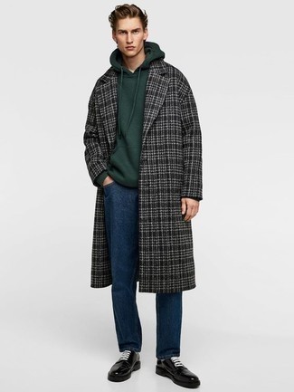 Navy and Green Plaid Overcoat Outfits: When it comes to relaxed elegance, this combination of a navy and green plaid overcoat and navy jeans is the ultimate look. For extra style points, add a pair of black leather derby shoes to your ensemble.