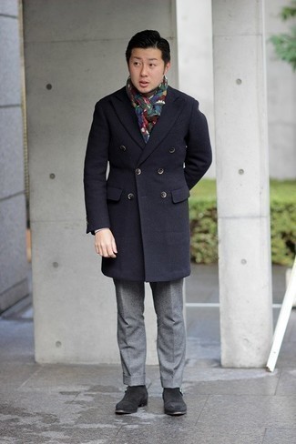 Multi colored Print Scarf Outfits For Men: If you're scouting for a street style yet on-trend ensemble, consider teaming a navy overcoat with a multi colored print scarf. For a classier spin, introduce black suede chelsea boots to the mix.