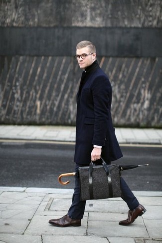 Men's Navy Overcoat, Navy Dress Pants, Dark Brown Leather Oxford Shoes, Charcoal Canvas Briefcase