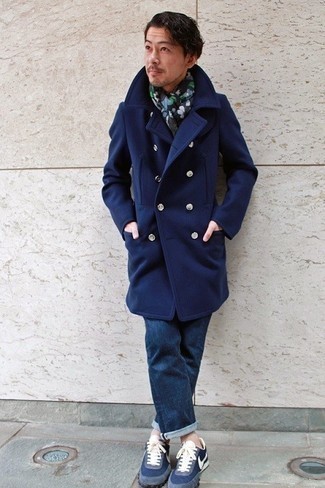 Blue Floral Scarf Outfits For Men: This contemporary combo of a navy overcoat and a blue floral scarf is super easy to throw together without a second thought, helping you look amazing and prepared for anything without spending too much time digging through your closet. For shoes, you could take the casual route with a pair of navy and white athletic shoes.