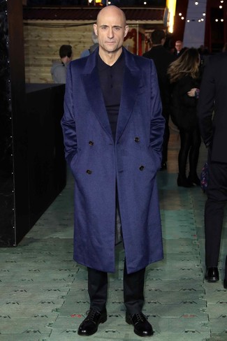 Mark Strong wearing Navy Overcoat, Navy Polo Neck Sweater, Black Dress Pants, Black Leather Derby Shoes