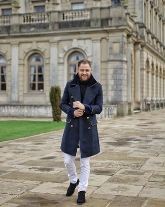 Blue Overcoat Outfits: A blue overcoat and white jeans will add dapper style to your current rotation. Add a pair of black suede chelsea boots to the mix for an extra touch of style.
