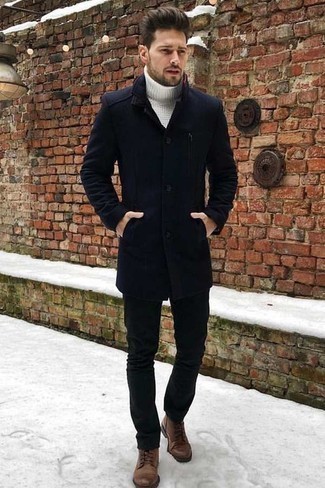 Tobacco Leather Casual Boots Chill Weather Outfits For Men: Loving how this smart pairing of a navy overcoat and black chinos instantly makes any man look dapper. The whole look comes together when you introduce a pair of tobacco leather casual boots to this ensemble.