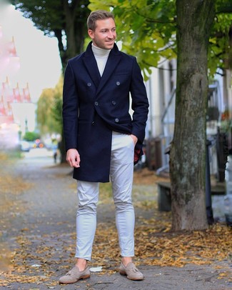 Charcoal Suede Tassel Loafers Outfits: For a look that's truly envy-worthy, marry a navy overcoat with grey chinos. If you need to easily level up this look with a pair of shoes, why not complete this ensemble with a pair of charcoal suede tassel loafers?