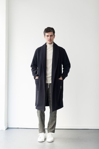 Grey Wool Chinos Outfits: This smart casual combination of a navy overcoat and grey wool chinos is capable of taking on different moods according to how it's styled. On the fence about how to round off? Introduce a pair of white canvas low top sneakers to this ensemble for a more laid-back vibe.