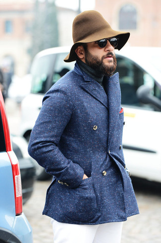 Blue Pea Coat Outfits: This ensemble with a blue pea coat and white chinos isn't a hard one to score and easy to change.