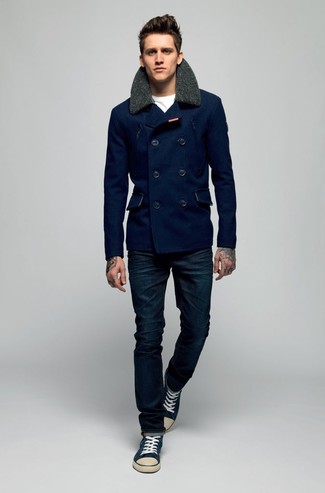 Men's Navy Pea Coat, White Crew-neck T-shirt, Navy Jeans, Navy and White Low Top Sneakers