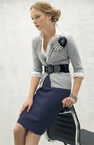 Women's Black Leather Waist Belt, Navy Pencil Skirt, White Dress Shirt, Grey Cardigan