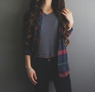 Plaid Flannel Shirt In Navy S M