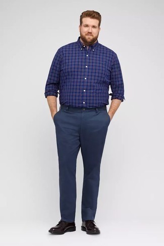 Blue Chinos with Navy and White Plaid Long Sleeve Shirt Warm Weather Outfits: This casual combination of a navy and white plaid long sleeve shirt and blue chinos can only be described as incredibly dapper. For something more on the elegant side to finish this ensemble, complete this outfit with a pair of dark purple leather derby shoes.