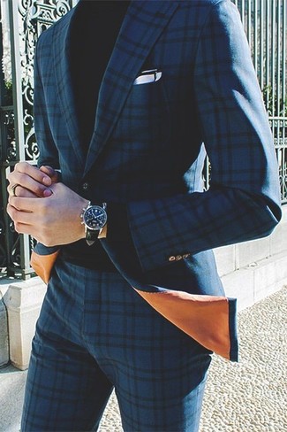 Navy and Green Plaid Suit Outfits: Bring your sartorial A-game by opting for this combo of a navy and green plaid suit and a black turtleneck.