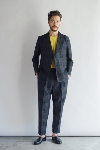 Navy Plaid Suit Outfits: This combo of a navy plaid suit and a yellow crew-neck t-shirt exudes elegant menswear style. A pair of black leather loafers easily revs up the fashion factor of any outfit.