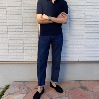 Black Velvet Loafers Outfits For Men: A navy polo and navy jeans are among the fundamental pieces in any gentleman's versatile casual collection. Black velvet loafers are an effective way to bring a hint of class to your ensemble.