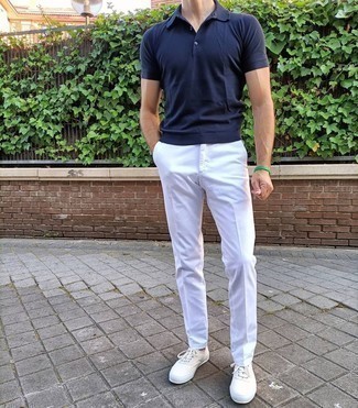 White Chinos Outfits: A navy polo and white chinos will inject your current lineup this relaxed and dapper vibe. Complement your outfit with white canvas low top sneakers and ta-da: this outfit is complete.
