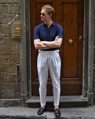 White Dress Pants with Woven Leather Loafers Outfits For Men (11