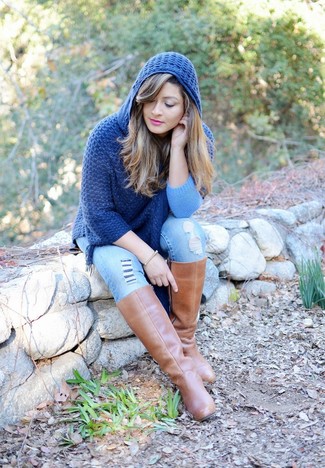 Women's Navy Poncho, Light Blue Ripped Skinny Jeans, Brown Leather Knee High Boots