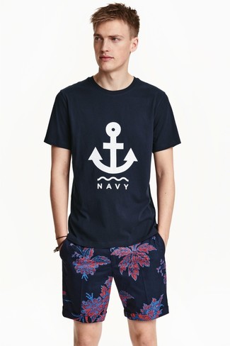 Men's Navy Print Crew-neck T-shirt, Navy Floral Shorts