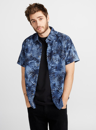 Shirt With All Over Japanese Floral Print In Navy
