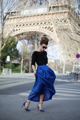 Blue Pleated Maxi Skirt Outfits: 