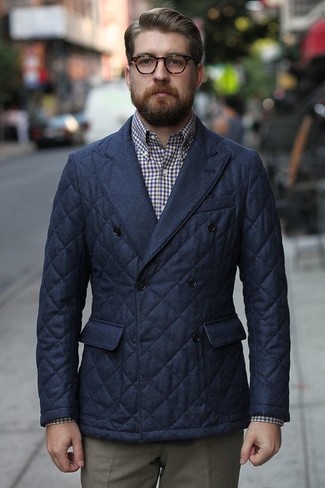 Men's Navy Quilted Double Breasted Blazer, White and Navy Gingham Long Sleeve Shirt, Grey Dress Pants