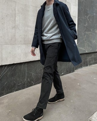 Navy Raincoat Outfits For Men: If you appreciate comfort dressing, wear a navy raincoat and charcoal chinos. Introduce a pair of black suede desert boots to the mix and the whole outfit will come together really well.