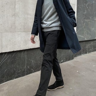 Navy Raincoat Outfits For Men: Beyond dapper, this off-duty combo of a navy raincoat and charcoal chinos will provide you with variety. For maximum style, complete your ensemble with a pair of black suede desert boots.