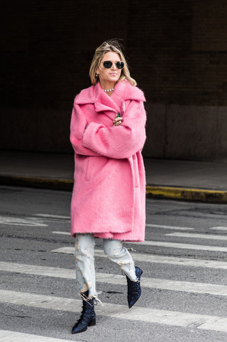 Women's Navy Satin Ankle Boots, Light Blue Ripped Jeans, Hot Pink Fur Coat