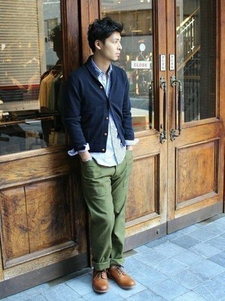 Men's Navy Shawl Cardigan, White and Blue Horizontal Striped Long Sleeve Shirt, Olive Chinos, Tobacco Leather Derby Shoes