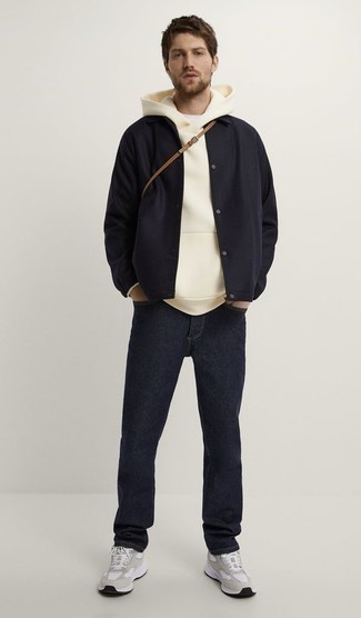 Men's Navy Shirt Jacket, Beige Hoodie, Navy Jeans, Grey Athletic Shoes