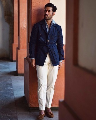 Navy Linen Shirt Jacket Outfits For Men: Make a navy linen shirt jacket and white dress pants your outfit choice for smart style with a modern finish. A pair of brown suede tassel loafers looks perfect completing your look.