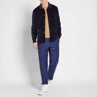 Navy Corduroy Shirt Jacket Outfits For Men: Wear a navy corduroy shirt jacket with navy chinos and you'll don a proper and classy ensemble. To give this outfit a more relaxed spin, why not complete this ensemble with a pair of white canvas high top sneakers?