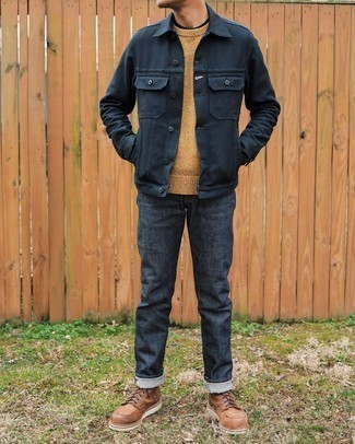 Navy Jeans with Navy Shirt Jacket Smart Casual Outfits For Men: For a foolproof casual option, you can rely on this pairing of a navy shirt jacket and navy jeans. When it comes to footwear, introduce a pair of brown leather casual boots to the mix.
