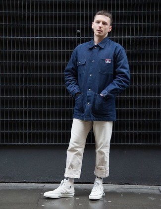 Men's Navy Shirt Jacket, White Chinos, White Canvas High Top Sneakers, White and Black Print Socks