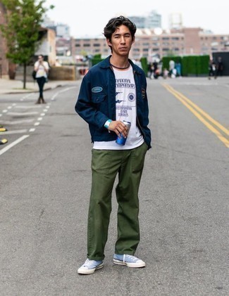 Men's Navy Shirt Jacket, White Print Crew-neck T-shirt, Olive Chinos, Light Blue Canvas High Top Sneakers