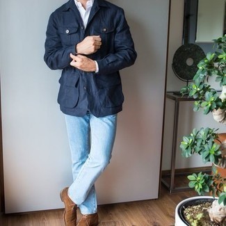 Dark Brown Suede Desert Boots Smart Casual Outfits: Definitive proof that a navy shirt jacket and light blue jeans are amazing when paired together in a casual look. The whole outfit comes together quite nicely if you complement your ensemble with a pair of dark brown suede desert boots.