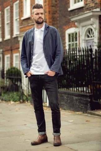 Black Pants with Brown Shoes Outfits For Men: One of the coolest ways for a man to style out a navy shirt jacket is to pair it with black pants for a casual ensemble. You know how to dress up this look: brown leather chelsea boots.